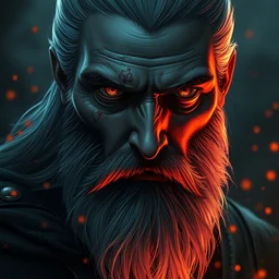 geralt of rivia with long beard and intense eyes, scarred, close up, rim lighting, back lighting, bokeh, fire particles in background, portrait, sinister atmospheric lighting. highly detailed painting by greg rutkowski, anime style