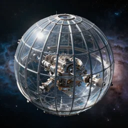 sci - fi space station, covered by a giant clear steel - ribbed glass dome, floating in nebula - filled space, superior quality masterpiece