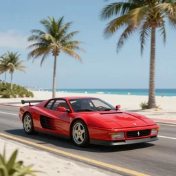 award winning photograph of a red ferrari testarossa racing on a road near a white sand beach with palm trees. octane render
