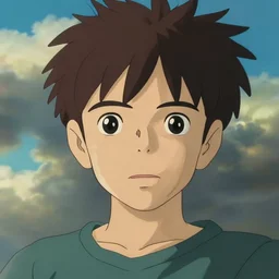 Boy with neutral face, detailed face dramatic clouds, made by Studio Ghibli, back light, highly detailed art, beautiful scene, sharp focus, smooth, 8k
