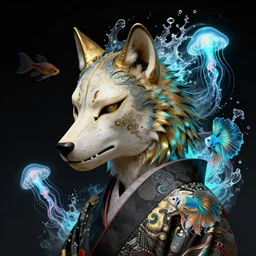 wolf - up profile portrait biomechanics with ram skull. beautiful intricately detailed japanese wolf kitsune mask and clasical japanese kimono. betta fish, jellyfish phoenix, bio luminescent, plasma, ice, water, wind, creature, artwork by stephanie law and greg rutkowski. gold black teal and blue color scheme