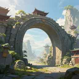 a giant stone arc in a china-inspired fantasy landscape, 4k desktop wallpaper, digital art, trending on artstation