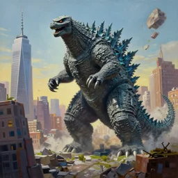 a hyper-realistic studio oil-painting of a giant Godzilla destroying new-york in minecraft!!!!!; hyper-detailed; an extraordinary masterpiece!!!; flawless; trending on artstation