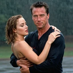 portrait shot of young arnold schwarzenegger holding close dirty dancing in the rain with jennifer lawrence beautiful white wet dress, 5 0 mm kodak, beautiful light, best lense, 9 0 s romantic comedy, 4 k