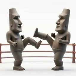 moai statues kicking each other in a ring fight. statues fighting with kicks. statues kicking each other