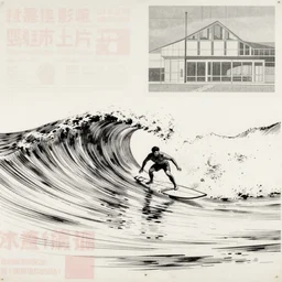 surfing wave by dan mumford and peter doig and edward hopper, symmetrical, minimal, black ink, thick lines highly detailed, muted colours, overlaid with chinese adverts, 8 k