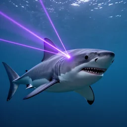 a great white shark shooting purple lasers out of its eyes, realistic. 4 k. highly detailed