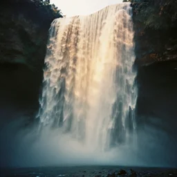 a 3 5 mm photo of the interior of an incredible waterfall, bokeh, canon 5 0 mm, cinematic lighting, dramatic, film, photography, golden hour, depth of field, award - winning, 3 5 mm film grain, retro, film, kodachrome