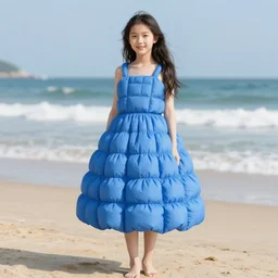 a woman in a blue puffy dress on the beach