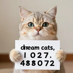 realistic high quality photo of a cute cat holding a sign with text that reads : dream cats, cats, cat - s 1 0 2 7 4 8 8 0 7 2
