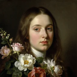 a closeup portrait of one beautiful young woman surrounded by flowers, painted by willem wissing and rachel ruysch, hyperreal, dark, dramatic lighting, analogous complementary colour scheme