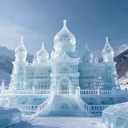 a palace made of ice, crystal clear ice sculpture in himalaya, 4 k, first, realistic fantasy photography, mystical