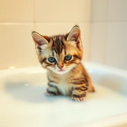 a grumpy kitten sitting in a bathtub full of milk
