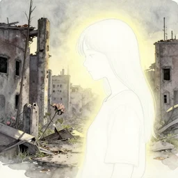 detailed artwork, simple watercolor, harsh bloom lighting, rim light, abandoned city, drawn girl climbing a dead corpse rusty evangelion robot crashed in deserted dusty shinjuku junk town, tangled overhead wires, telephone pole, old pawn shop, broken tv, harsh shadows, pale yellow sky, bold graffiti