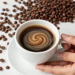 a cup of coffee with a whirlpool in it, coffee beans in the background, hands