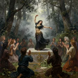 a bellydancer dances on an altar in the middle of the forest, a procession gathers around her in praise, a painting by beksinski, by ruan jia, by austin osman spare, symbolist painting, mist, volumetric render, digital painting, detailed painting, occult