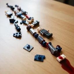 parts of dismembered lego minifigures scattered along table, blood leaks from the body parts