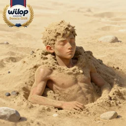 a little man made of sand, buried up to the head on huge beach, close - up, highly detailed, anatomically correct, digital art by wlop, deviantart contest winner, fantasy art, digital illustration, digital painting, photoillustration