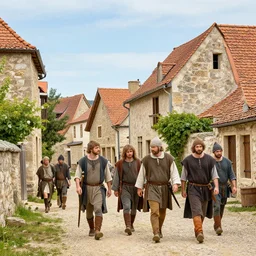 a small town with peasants walking around, medival, realism, realistic, hdr, clear image,