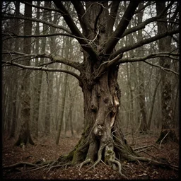 Human fused with tree branches in ominous forest, 1900s picture
