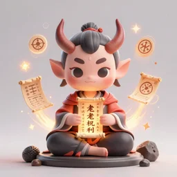 a tiny adorable demonic samurai meditating, wrapped in sacred parchment with glowing text, power auras, sigils, substance 3 d painter, pbr textures, physical based rendering, cinematic, hyper realism, high detail, octane render, unreal engine, 8 k, smooth gradients, high contrast, depth of field, art by shintaro kago and moebius, overwatch character, aperture f 2. 8