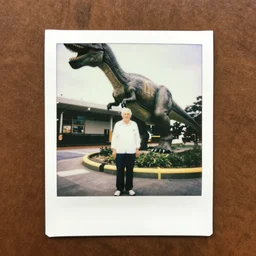 a polaroid photo of an old man standing next to a dinosaur statue outside mcdonald's