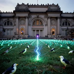 realistic scientific documentary photo of a bird fields glowing in tesla electricity visible magnetic field, front view 1 9 9 0, life magazine reportage photo, metropolitan museum photo