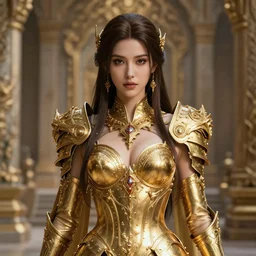 professional digital art of a hyper realistic and highly detailed beautiful woman in a beautiful complex and sexy golden armor. girl's face is hyper realistic, symetric, and highly detailed. background is an ancient temple. greg rutkowski, zabrocki, karlkka, jayison devadas, intricate, artstation, 8 k, unreal engine 5