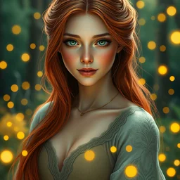 young woman, fit body, serene smile, spiritual scene, surrounded by golden firefly lights amidst nature, fully covering intricate dress, long red hair, precise linework, accurate green eyes, small nose with freckles, beautiful smooth oval shape face, empathic, expressive emotions, hyper realistic ultrafine art by artemisia gentileschi, jessica rossier, boris vallejo