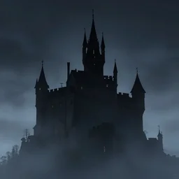 dracula's castle rising up from the mist at night silhouetted by a single huge bloodmoon by marvel comics, stunning, comic, pen and ink, slash page, highly detailed