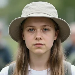 film still close - up shot of greta thunberg wearing a hat giving a speech in a crowded train station eating pizza, smiling, the sun is shining. photographic, photography