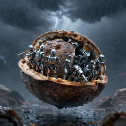 a sinking nutshell with cyborg crew during thunderstorm, hyperdetailed, artstation, cgsociety, 8 k