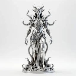 stylized shiny polished silver statue full body extra limbs bizarre cosmic horror demonic demon made of marble of slug creature tendrils, perfect symmetrical body, perfect symmetrical face, hyper realistic, hyper detailed, by johannen voss, by michelangelo, octane render, blender, 8 k, displayed in pure white studio room