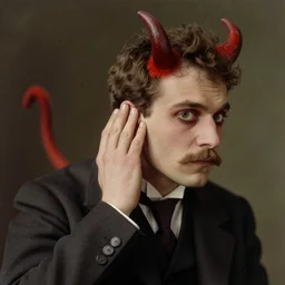 colorful portrait of the devil whispering in 1 man's ear, 1 8 0 0 s victorian photo, hand coloured photo, atmospheric, highly detailed, by joel peter witkin and hieronymus bosch