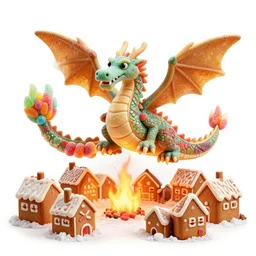 A dragon made of candy burning down a village made of gingerbread