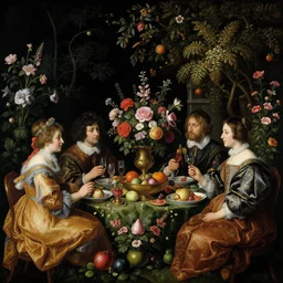 victorian thanksgiving feast, flowers and fruits in a garden at night, black background, vanitas, a still life by giuseppe arcimboldo, a flemish baroque by jan van kessel the younger, intricate high detail masterpiece