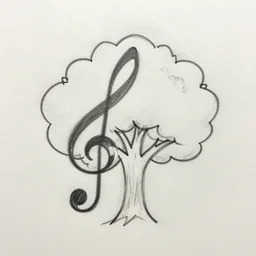 a sketch of an acorn that turns into a tree in the shape of a treble clef with a wavy line in the middle, single line drawing