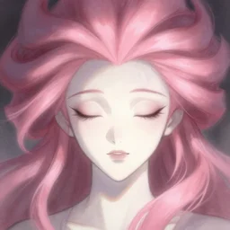 textured pale white face with closed eyes with hair made of pink and dark flowing ribbons, sketch illustration, soft focus, soft glow, dappled light, disney concept art, backlit, indie studio, fantasy, rim lighting, pastel shades, powerful, emotional, powerful, epic composition, noise, texture, rule of thirds,