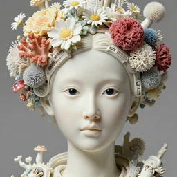 hyper detailed ultra sharp portrait of a beautiful porcelain ivory woman, smooth fair skin, black round eyes, up close shot, sharp focus, beautiful natural soft illumination, biomechanical headdress made of flowers, cyberpunk ceramic brackets, sponge corals, daisies, colorful mushrooms, puffballs, white red rhizomorphs, alexandre ferra white mecha, irakli nadar, octane highly render, 4 k, ultra hd,