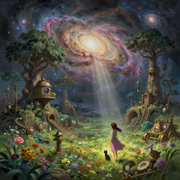 a beautiful landscape painting of steampunk landscape, a junk nebula in the sky, galaxies visible, giant trees and colourful flowers, a tiny girl looking on with her talking cat, by jean - honore fragonard and don bluth and makoto shinkai, light rays, trending on artstation, octane render