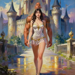 dwayne johnson as a beautiful young girl in seductive clothing by ross tran, walking in a castle painted by sana takeda, rtx reflections, very high intricate details, painting, digital anime art, medium shot, mid - shot, composition by ilya kuvshinov, lighting by greg rutkowski