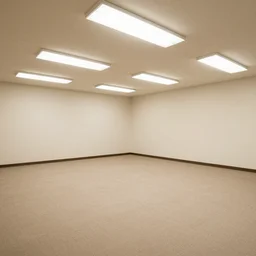 an empty room with stained beige carpet and off - white flourescent lights