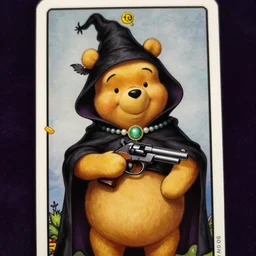 Gothic Winnie the Pooh killer with pistol and jade jewelry painted on tarot card, digital art, high detailed, trending on artstation