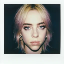 billie eilish, extremely 2 0 cm long and thick eyelashes, old polaroid film photo, ultrarealistic, talented, perfect anatomy