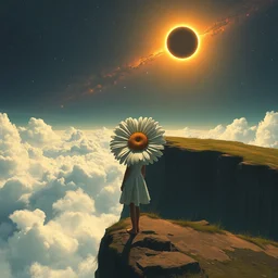 giant white daisy flower on head, girl standing on cliff, surreal photography, solar eclipse, milky way, dramatic light, impressionist painting, clouds, digital painting, artstation, james gilleard, liam wong, jeremy mann, simon stalenhag