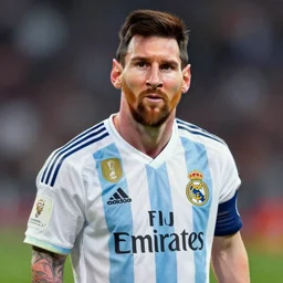 a stunning painting of leonel messi proudly wearing a real madrid jersey, accurately detailed eyes and body structure, studio lighting, global illumination, shallow depth of field, bokeh sharp focus, intricate details, 8 k octane render, cinematic, in style of caravaggio, fifa, commercial, soccer