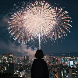 firework in the sky, black hoodie girl from behind on the bottom, by kyoto animation, insanely detailed. instagram photo, kodak portra. by wlop, ilya kuvshinov, krenz cushart, greg rutkowski, pixiv. zbrush sculpt, octane, maya, houdini, vfx. huge cityscape. cinematic dramatic atmosphere, sharp focus, volumetric lighting
