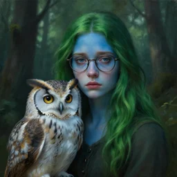 a close up portrait of a lonely, young, beautiful woman holding her giant owl, fine facial features, symmetrical, sad, blue skin, green hair, glasses, in a forrest, inspired by edward hopper and grand budapest hotel, high resolution, octane render, high detailed masterpiece painting