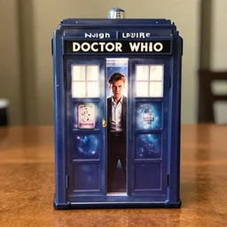 product photo still of vhs cover of hugh laurie as doctor who in front of a nebula through the open door of the tardis printed on a vhs box on a table