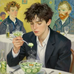 painting of handsome beautiful dark haired man in his 2 0 s named shadow taehyung at the cucumber soup party, elegant, clear, painting, stylized, delicate, soft facial features, art, art by alphonse mucha, vincent van gogh, egon schiele,